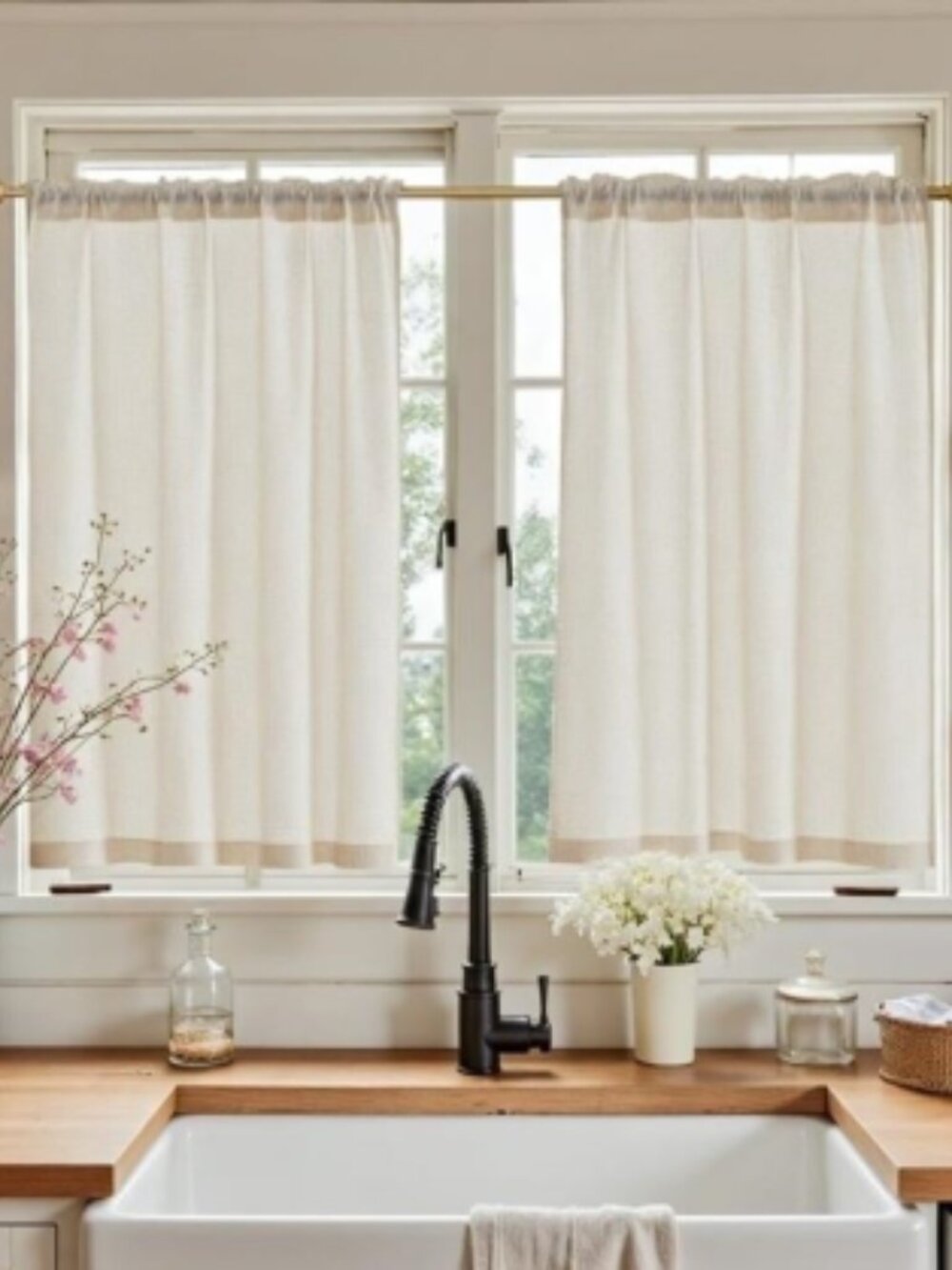 Beige Rustic Linen Rod Pocket Kitchen Curtains, 26x45, 2 Panels